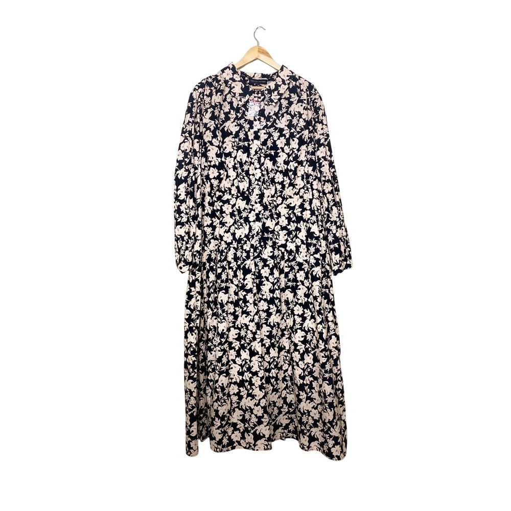 English Factory Womens 3X Floral Midi Dress Long Sleeve Button Front Black Cream